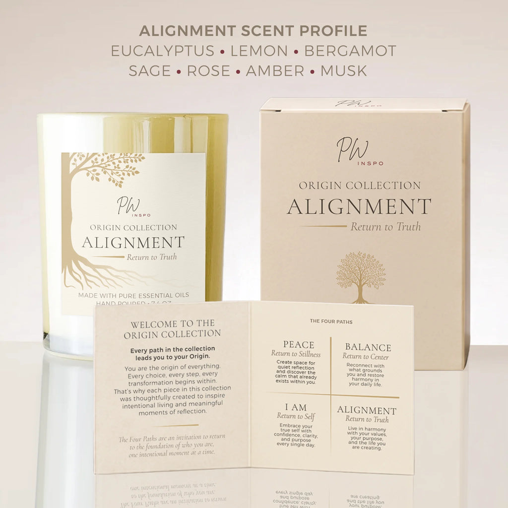 PW Inspo Alignment candle with its gift packaging and fragrance profile featuring eucalyptus, lemon, sage, bergamot, rose, amber, and musk.