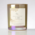 PW Inspo I AM coconut-soy candle in a mineral ash glass vessel with cream and gold label, part of The Origin Collection.