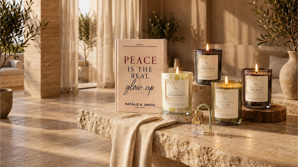 PW Inspo Origin Collection featuring Peace, Balance, I AM, and Alignment coconut-soy candles, displayed with the book Peace Is the Real Glow Up in an elegant, sunlit setting