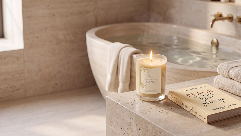 PW Inspo Alignment candle displayed in a warm, elegant home setting.