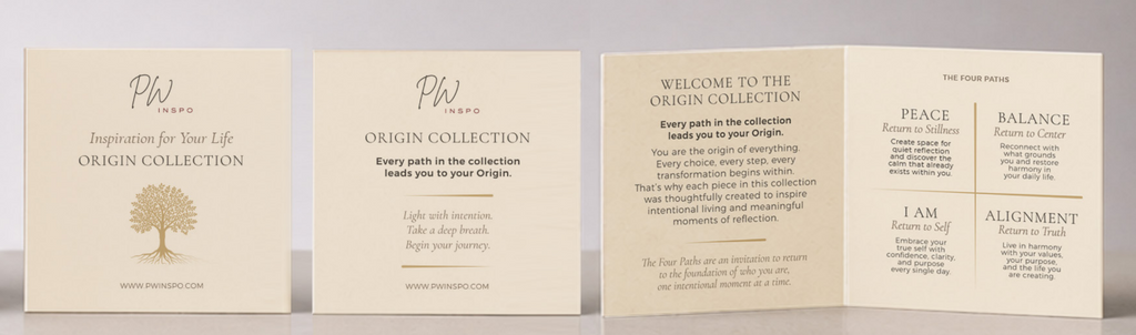 PW Inspo Origin Collection insert showing the front, back, and four paths: Peace, Balance, I Am, and Alignment.